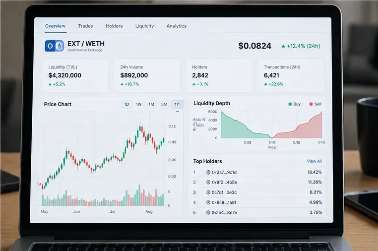 An illustrative decentralized exchange analytics screen showing liquidity, volume, holders, price history, liquidity depth, and top holders.