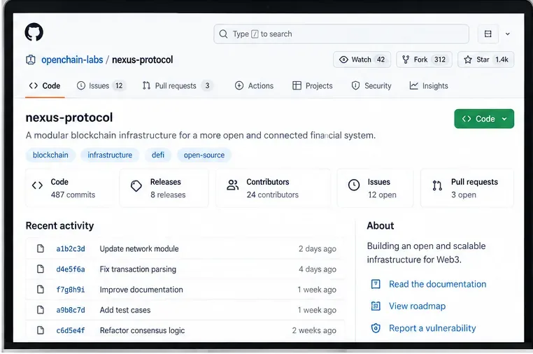 An illustrative open-source repository page showing recent commits, releases, contributors, issues, and pull requests for a blockchain project.