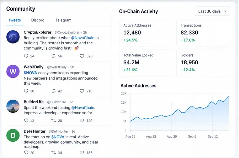 An illustrative research dashboard comparing community discussion with active addresses, transactions, total value locked, and holder growth.