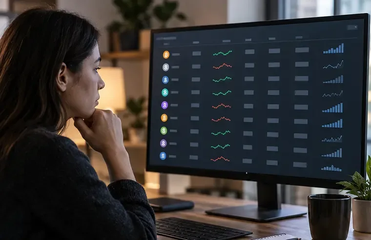 研究者が、ランキング行と小さなグラフが大型モニターに表示された汎用的な仮想通貨市場スクリーナーを調べている。