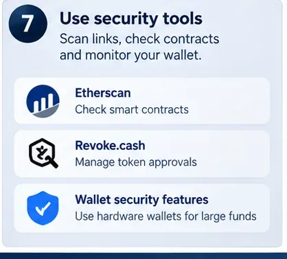 Security-tool checklist for checking smart contracts, managing approvals, and using wallet security features