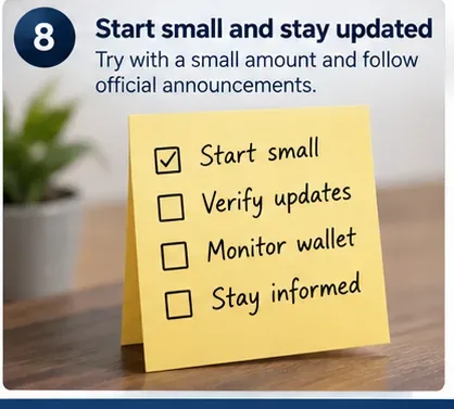 Checklist note reading start small, verify updates, monitor wallet, and stay informed