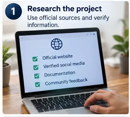 Laptop displaying a checklist for researching a crypto project through official websites, social channels, documentation, and community feedback