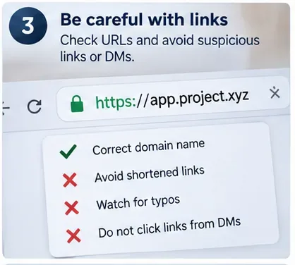 Browser address bar and checklist emphasizing domain verification, avoiding shortened links, spotting typos, and ignoring direct-message links