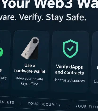 A Web3 security display emphasizes hardware-wallet use and verification of decentralized applications and contracts.