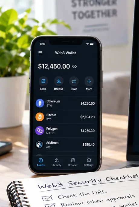 A mobile Web3 wallet displays several crypto assets, representing the value exposed when one wallet is used for every interaction.