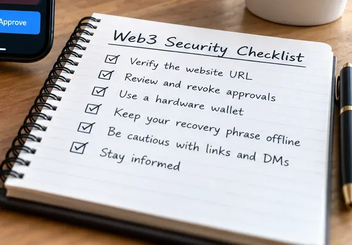 A notebook displays a Web3 security checklist covering URL verification, approval review, hardware wallets, recovery phrases, and suspicious links.