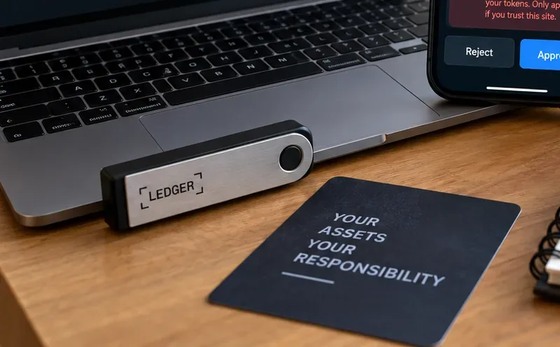 A hardware wallet rests beside a laptop, illustrating separation of signing keys from the browser environment.
