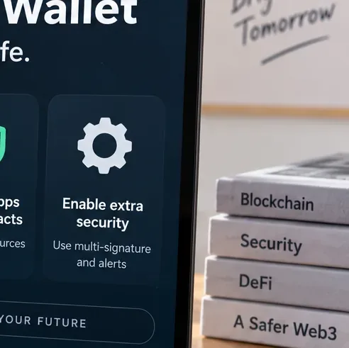 A Web3 security screen recommends enabling additional protections such as alerts and stronger account controls.