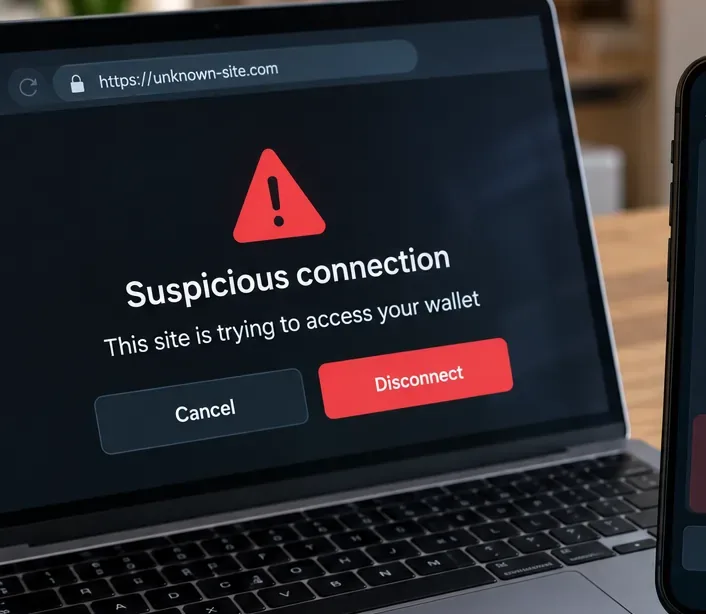 A laptop screen shows a suspicious wallet-connection warning beside an unfamiliar website address.