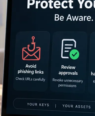 A security panel highlights avoiding phishing links and reviewing wallet approvals.