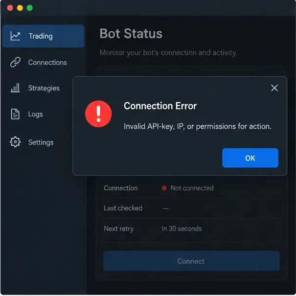 Uma janela genérica de status do bot exibindo um erro de conexão com a mensagem "Chave de API, IP ou permissões inválidas para a ação".