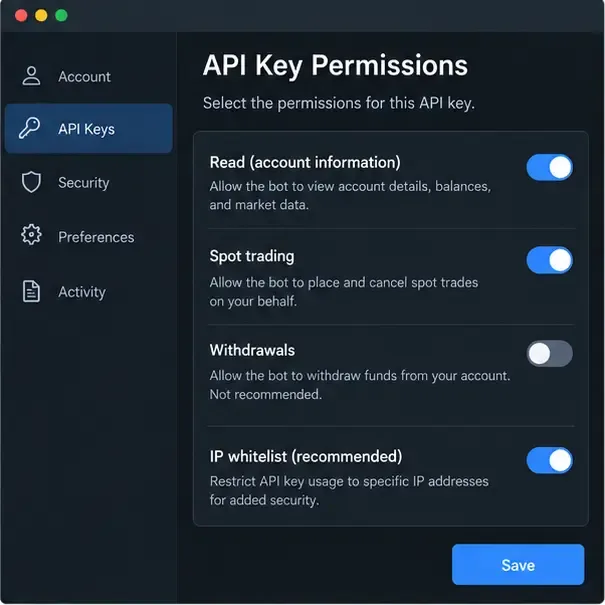 Uma tela genérica de permissões de chave de API com Leitura e negociação à vista habilitadas, Saques desabilitados e lista de IPs permitidos habilitada.