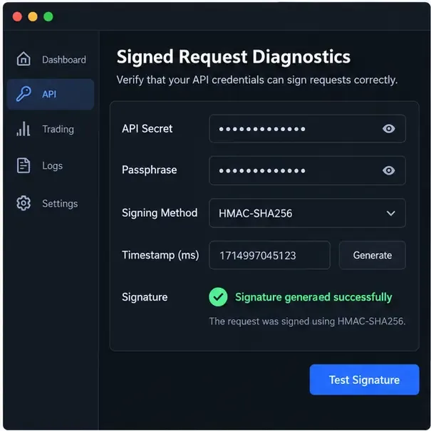 Uma tela genérica de diagnóstico de requisição assinada com campos de segredo de API e senha mascarados, HMAC-SHA256 selecionado, um carimbo de data/hora e o status da assinatura.