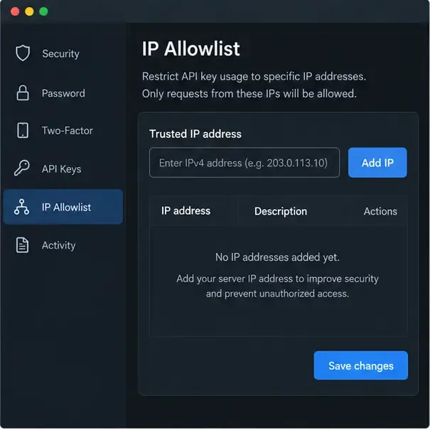 Uma tela genérica de lista de permissões de IP mostrando um campo para endereços IP confiáveis, um botão "Adicionar IP" e um botão "Salvar alterações".