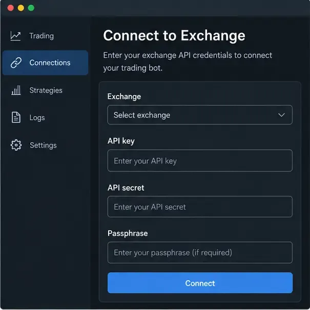 Um formulário genérico de conexão de bot de criptomoedas exibindo campos para Exchange, chave de API, segredo de API, senha e um botão Conectar.