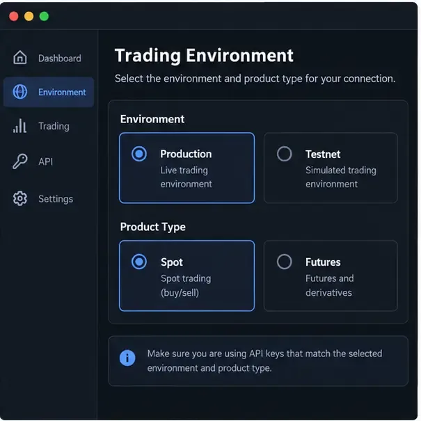 Um seletor genérico de ambiente de negociação que mostra opções de Produção e Testnet, além de tipos de produtos Spot e Futuros.