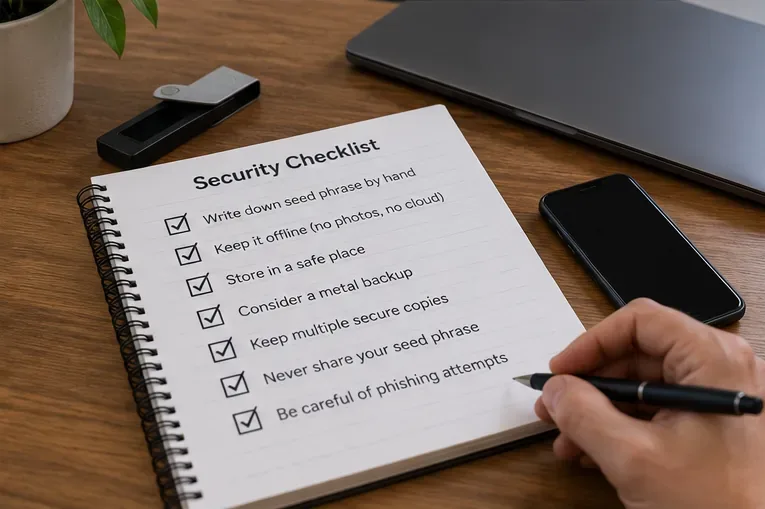 Eine handgeschriebene Sicherheitscheckliste zum Schutz der Seed-Phrase liegt neben einer Hardware-Wallet, einem Telefon und einem geschlossenen Laptop.
