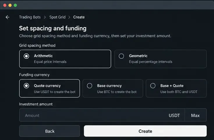 شاشة تمويل توضيحية على غرار OKX تعرض التباعد الحسابي أو الهندسي، وعملة السعر، والعملة الأساسية، والعملة الأساسية مضافًا إليها السعر، ومبلغ الاستثمار، وزر الإنشاء.