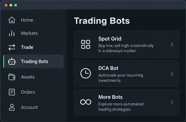 لوحة تحكم توضيحية للتداول المظلم مع تحديد روبوتات التداول وشبكة التداول الفوري كخيار الروبوت الأول