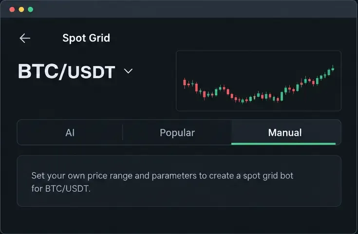 شاشة عرض توضيحية على غرار منصة Binance تعرض علامات التبويب BTC/USDT و AI و Popular و Manual مع تحديد Manual
