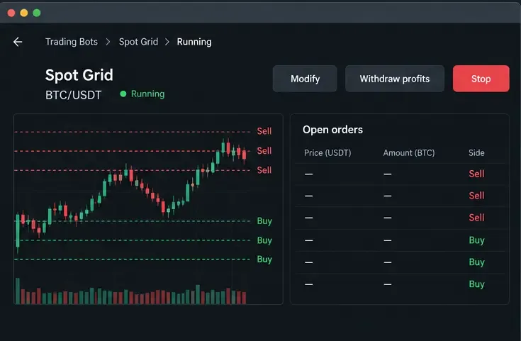 لوحة تحكم توضيحية على غرار OKX لعرض بيانات التداول الفوري، تتضمن مخططًا بيانيًا، وأوامر مفتوحة، وتعديلات، وسحب الأرباح، وعناصر تحكم في الإيقاف.