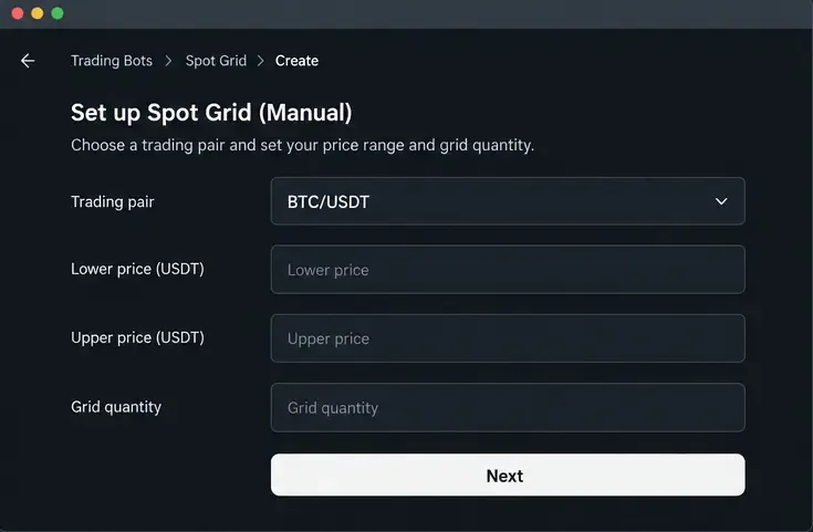 إعداد شبكة التداول الفوري اليدوي على غرار OKX يوضح حقول BTC/USDT، والحد الأدنى للسعر، والحد الأقصى للسعر، وكمية الشبكة