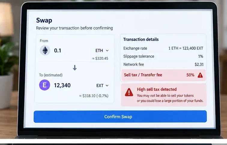 Un'anteprima fittizia dello scambio di token che avverte di una tassa di vendita del 50% prima della conferma.