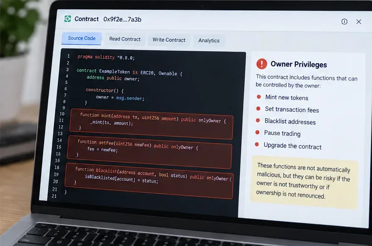 Una recensione fittizia di uno smart contract che evidenzia i poteri riservati al proprietario di coniare token, modificare le commissioni, inserire indirizzi in blacklist, sospendere le negoziazioni e aggiornare il contratto.