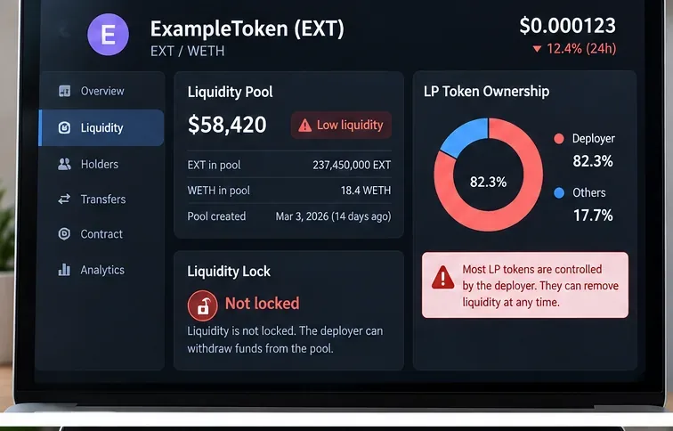 Una pagina di analisi fittizia di uno scambio decentralizzato che mostra bassa liquidità e la maggior parte della proprietà dei fornitori di liquidità controllata dal creatore