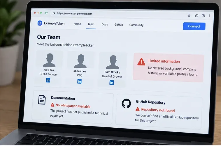 Una pagina di un progetto crittografico fittizio che mostra informazioni limitate sul team, nessuna documentazione tecnica e nessun repository di codice pubblico.