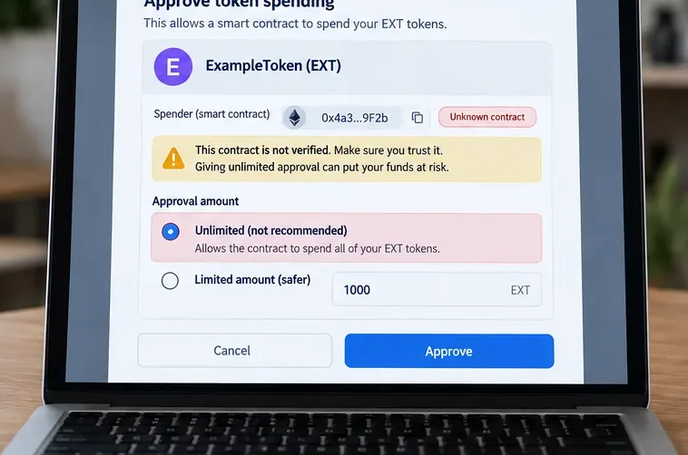 Una schermata di approvazione del portafoglio fittizia avvisa che un contratto non verificato sta richiedendo l'autorizzazione a spendere token illimitati.