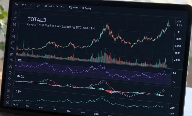 Eine Nahaufnahme eines Kryptomarktdiagramms mit Volumen- und Momentum-Panels dient als visuelle Erinnerung, den Marktpreis mit detaillierteren Bewertungsdaten zu vergleichen.