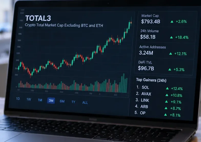 Ein Krypto-Recherche-Dashboard auf einem Laptop, das ein umfassendes Chart des Altcoin-Marktes zusammen mit Statistiken zur Marktaktivität anzeigt.