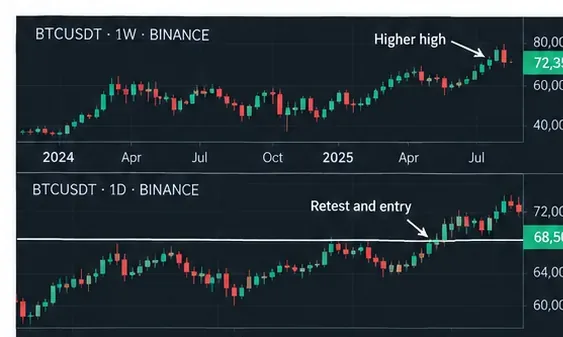Two BTC USDT chart illustrations showing a weekly higher high above and a daily breakout retest entry below