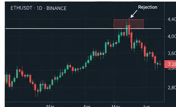 Daily ETH USDT chart illustration showing price entering a resistance zone and reversing lower after rejection