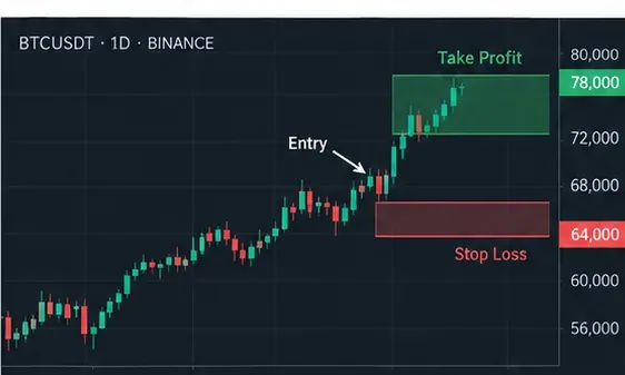 Daily BTC USDT chart illustration with a breakout entry, stop-loss zone below the setup, and take-profit area above