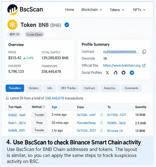 BscScanトークンのアクティビティページの例。送金、保有者、契約情報、アクティビティの各タブが表示されます。