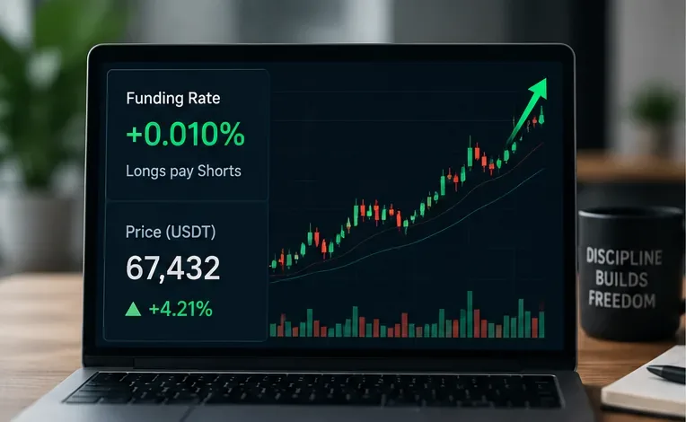 Conceptual perpetual-futures screen showing positive funding while price is trending higher.