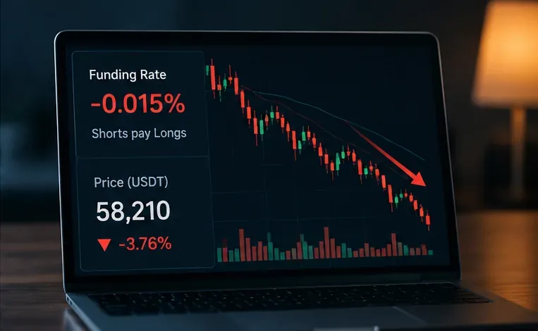 Conceptual perpetual-futures screen showing negative funding while price is declining.