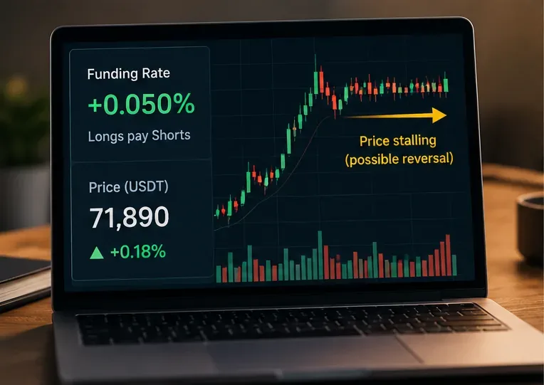 Conceptual chart showing unusually high positive funding while price begins to stall.