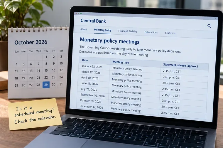 Laptop displaying a central-bank monetary-policy meeting schedule beside an October 2026 desk calendar and a note asking whether the meeting was scheduled.