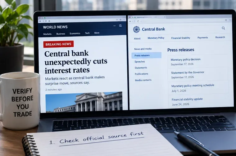Trading workstation showing a breaking central-bank headline beside a central-bank press-release page and a notebook reminder to check the official source first.