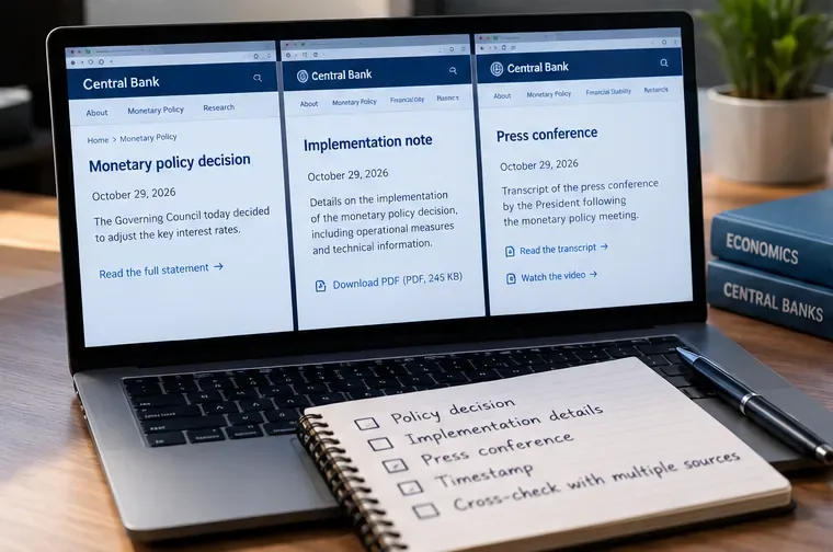 Laptop showing separate central-bank pages for a monetary-policy decision, an implementation note, and a press-conference transcript, with a checklist notebook in front.