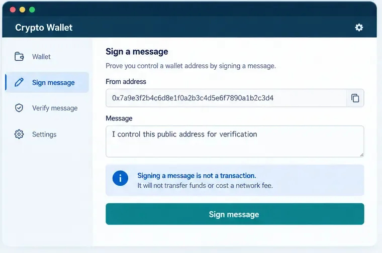 Schéma d'une fenêtre de portefeuille crypto permettant de signer un court message de vérification, avec un avertissement indiquant que la signature ne constitue pas une transaction.