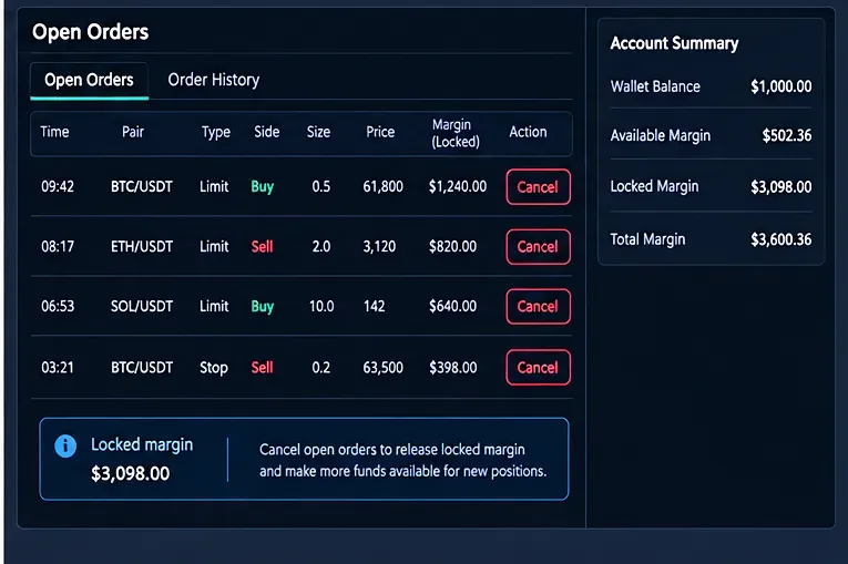 Allgemeine Tabelle mit offenen Aufträgen, die mehrere Futures-Aufträge mit gesperrter Margin und Abbrechen-Schaltflächen anzeigt.