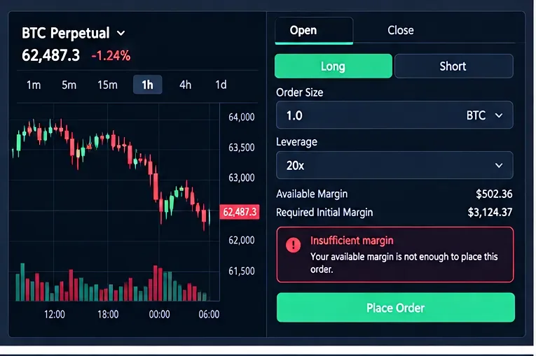 Generischer Bildschirm für Krypto-Futures-Orders, der eine verfügbare Margin unterhalb der erforderlichen anfänglichen Margin und eine Warnung vor unzureichender Margin anzeigt.