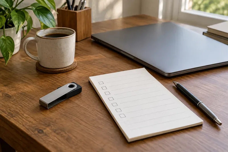 A hardware wallet, blank laptop, pen, and checklist on a wooden desk.