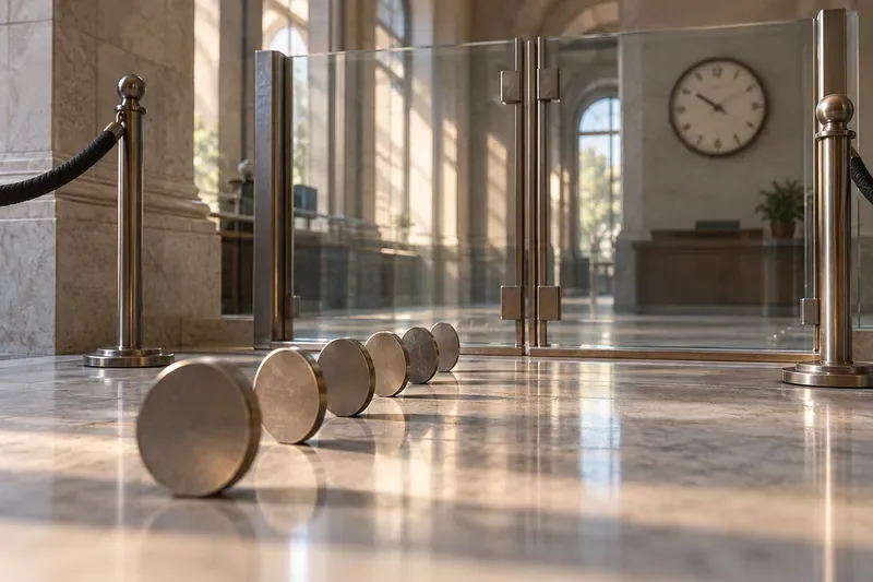 A line of metal tokens waits before a glass gate, with a wall clock in the background.