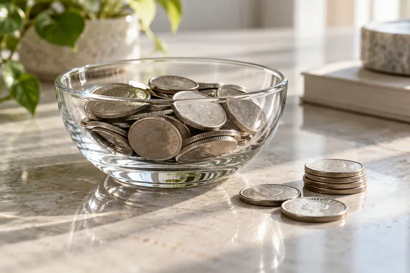 Silver coins rest in a clear glass bowl beside a small stack of coins.
